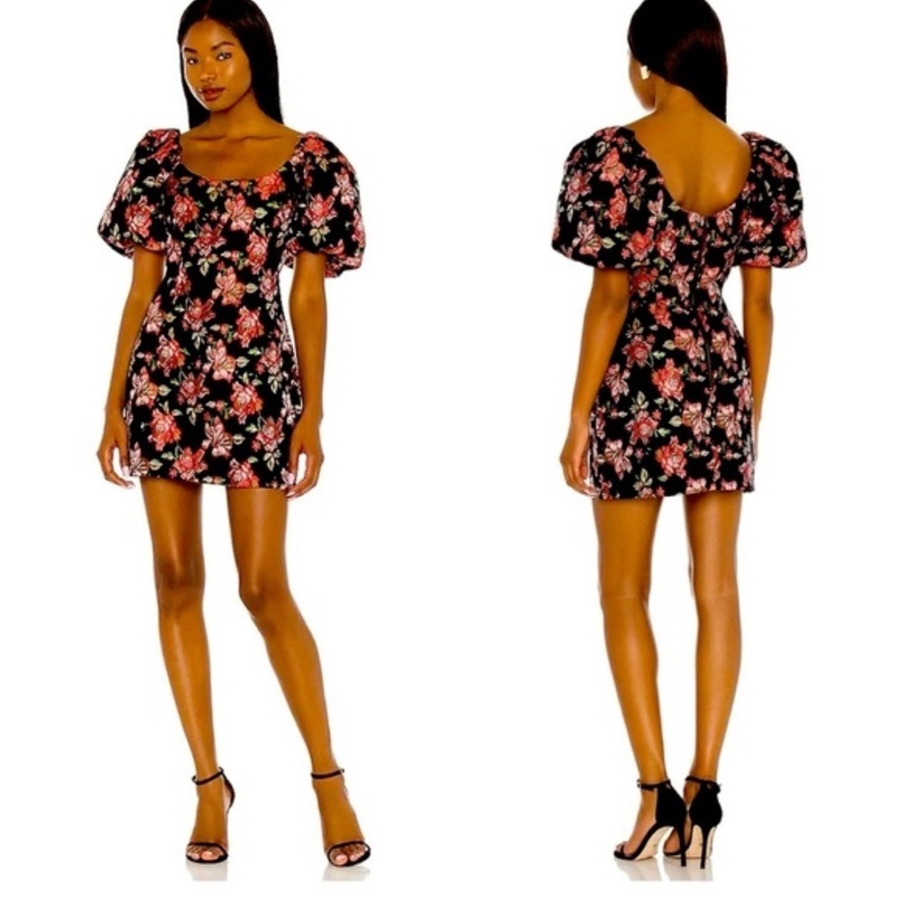MinkPink Black Brocade Floral Printed Puff Sleeve Larache Mini Dress Sz XS Goth